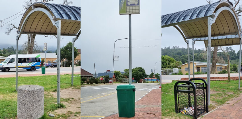 Three photos taken at a bus stop, each depicting a different dustbin, made from concrete, plastic and metal respectively.