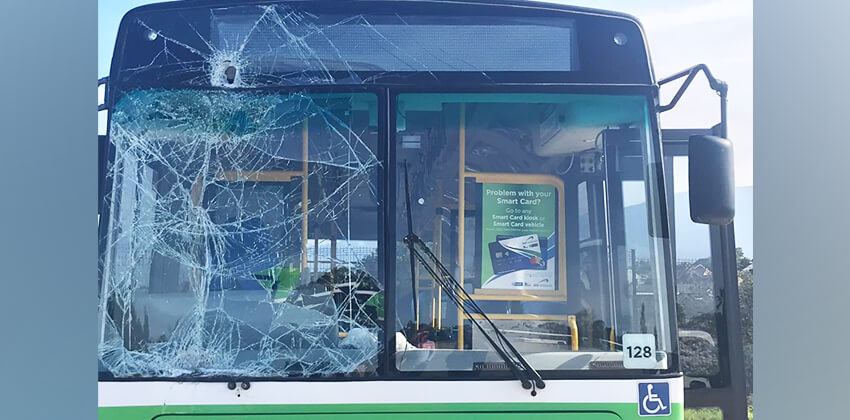 A broken windscreen of a GO GEORGE bus.