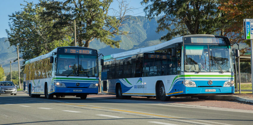 Two GO GEORGE buses driving down a scenic road with trees and mountains in the background