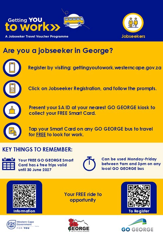Event flyer for the launch of the Getting YOU to Work Jobseeker Travel Voucher Programme. Invites jobseekers to attend and register for a free travel voucher. Location: Blanco Community Hall, 3 George Street, George behind Blanco Clinic. Date: Friday, 5 June 2026, 10h00–13h00. Eligibility requirements: must be unemployed, aged 15 to 65, and have a valid South African ID. Tagline reads 'Your FREE ride to opportunity.' Logos of the Western Cape Government, City of George, and GO GEORGE appear at the bottom.