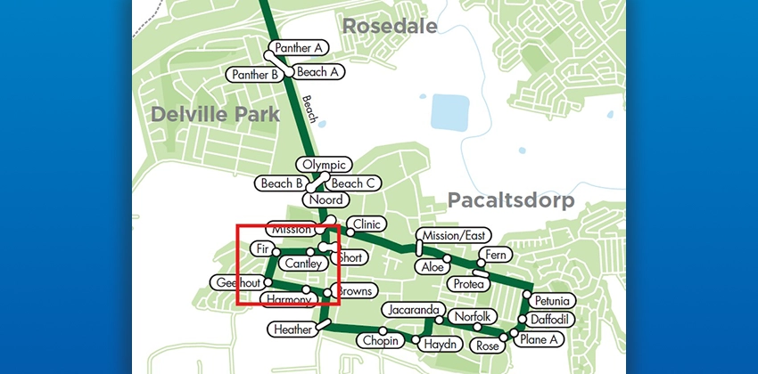 Route map showing GO GEORGE Bus Route 1B Harmony Park to CBD has returned to its normal route. The map highlights the Harmony Park area (marked with a red rectangle) in the George East area, covering stops including Mission, Fir, Cantley, Short, Browns, Geelhout, and Harmony, with connections through Pacaltsdorp towards the CBD.