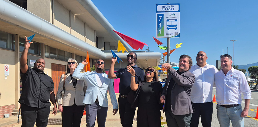 Officials launch GO GEORGE Route 19 AIRPORT with a paper plane send-off at the new AIRPORT 711 bus stop.